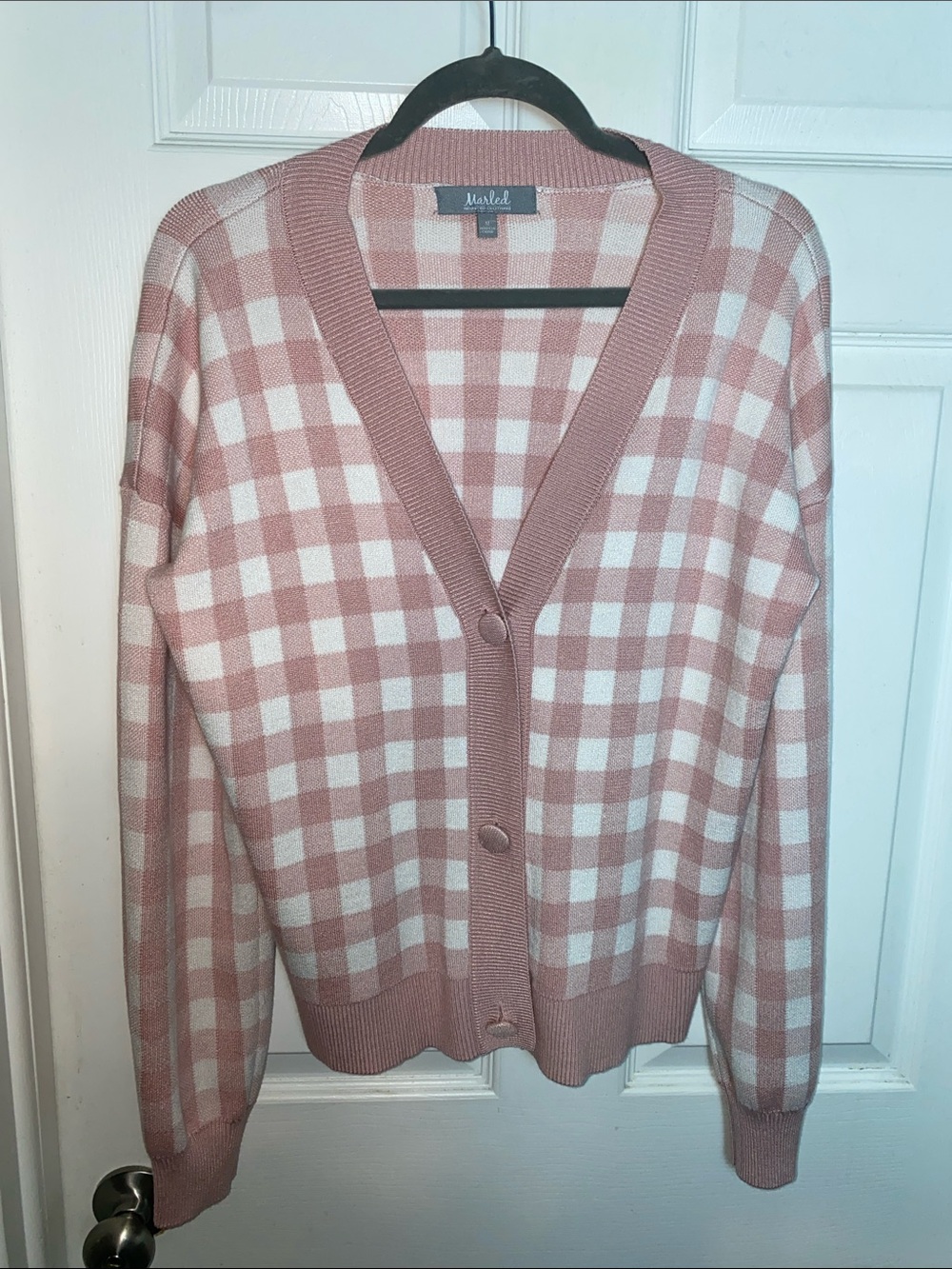 Marled Gingham Button-Front Cardigan Pink White Size Medium Preppy Collegiate
